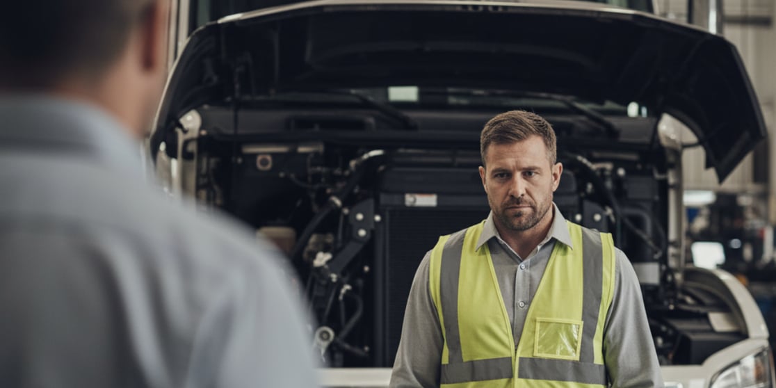 Diesel shop technician looking frustrated while manager hovers in the background — illustrating the problems of micromanaging in repair shops.