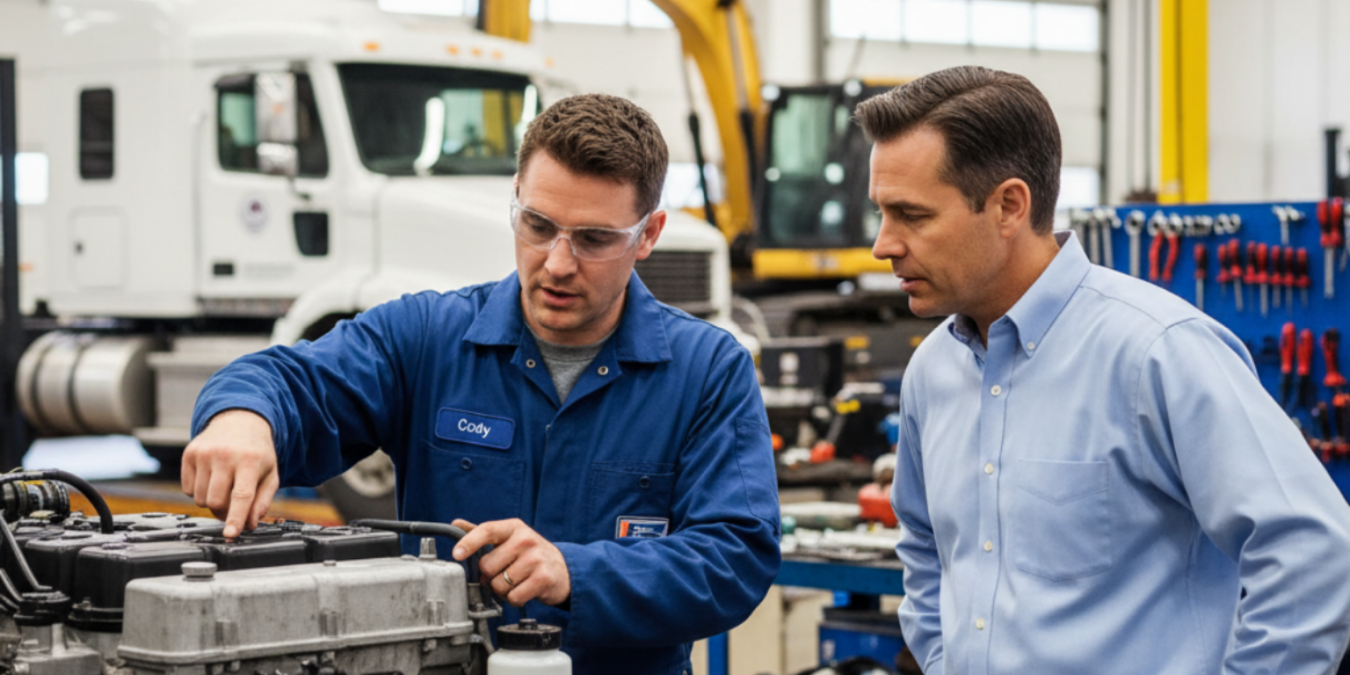 Technician and shop manager collaborating in the repair bay — example of using emotional intelligence and coaching instead of micromanaging.