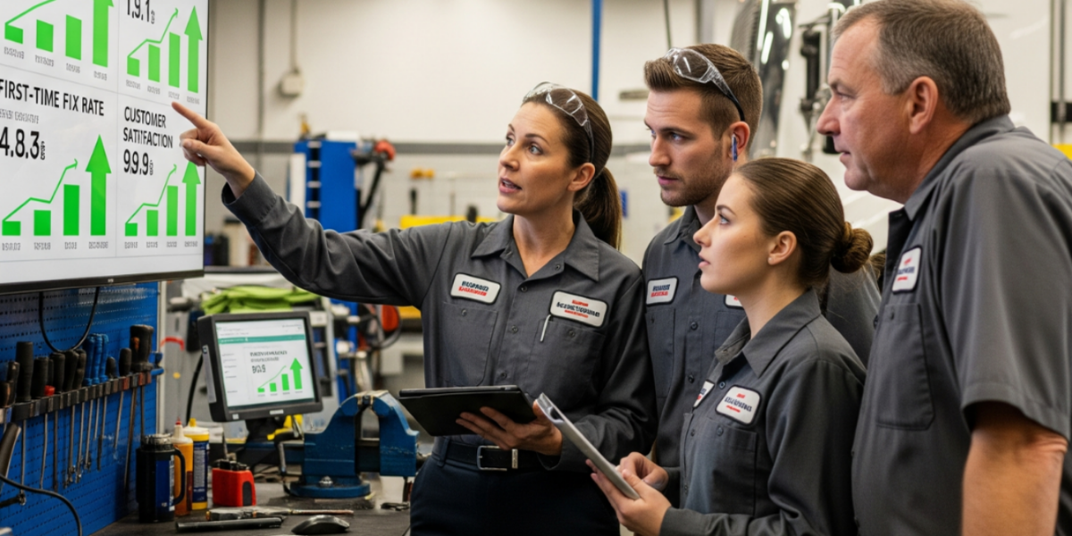 Shop owner and three diesel technicians reviewing KPIs together on the floor — demonstrating accountability and continuous improvement in the shop.